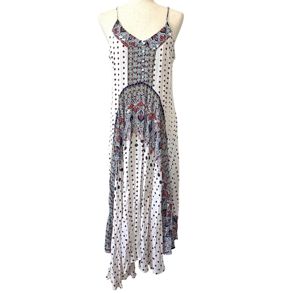 Kori America Boho Paisley Midi Dress Small Festival Prairie Flowy Slip Sheer